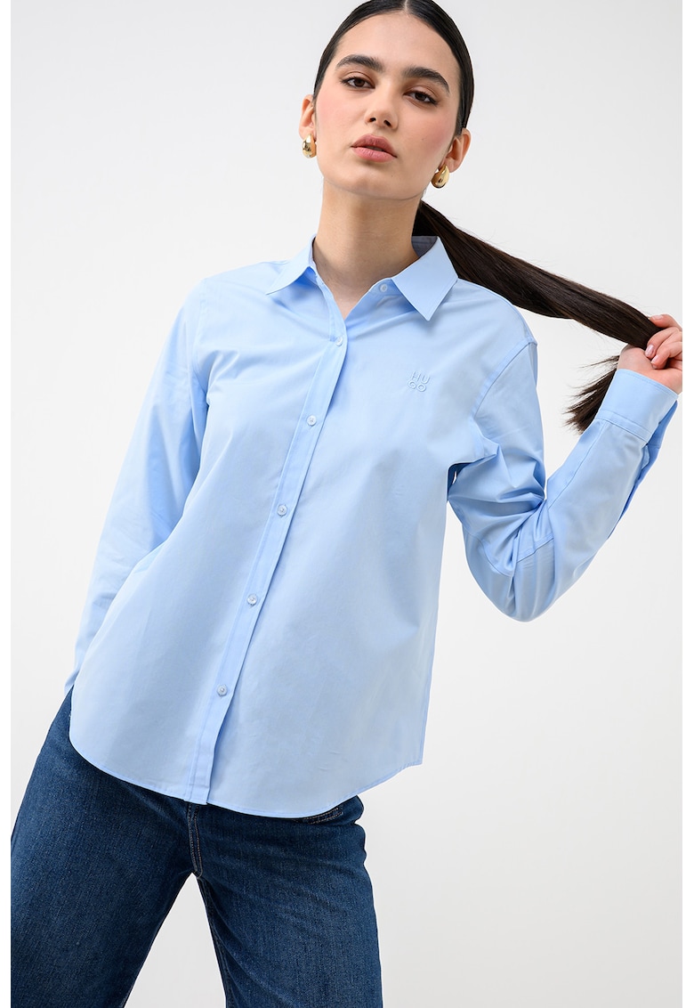 Camasa slim fit uni de bumbac - Albastru glaciar