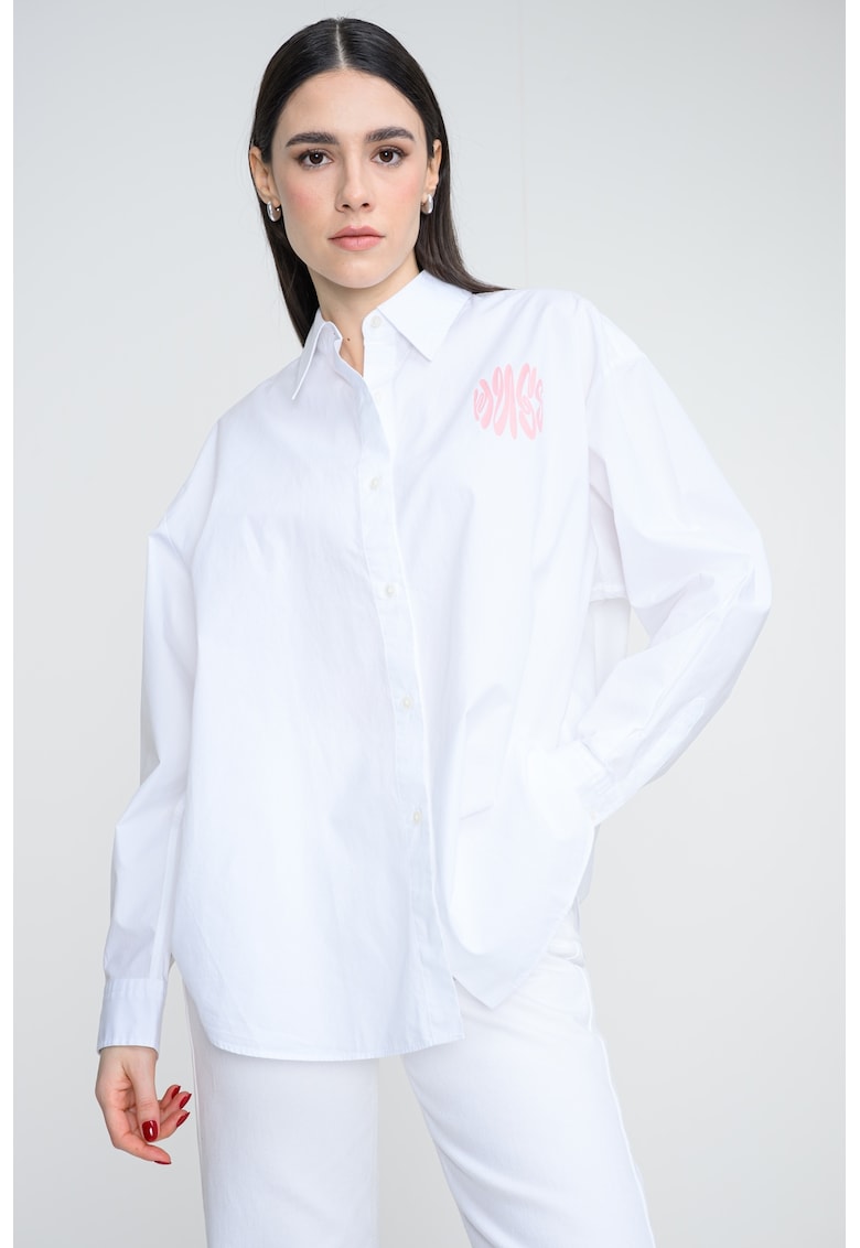 Camasa supradimensionata cu imprimeu logo pe partea din spate - Alb optic/Roz prafuit