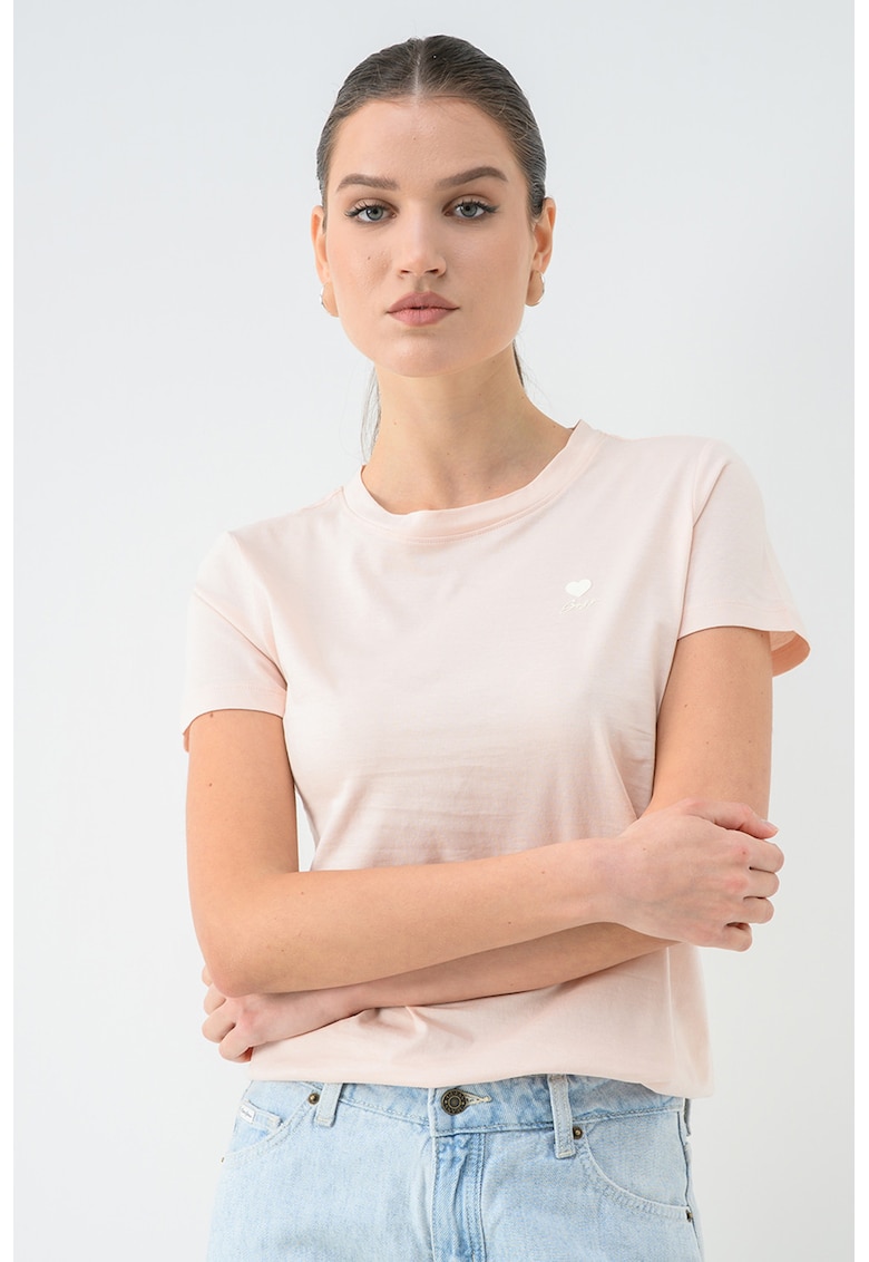 Tricou de bumbac cu decolteu la baza gatului - Piersica