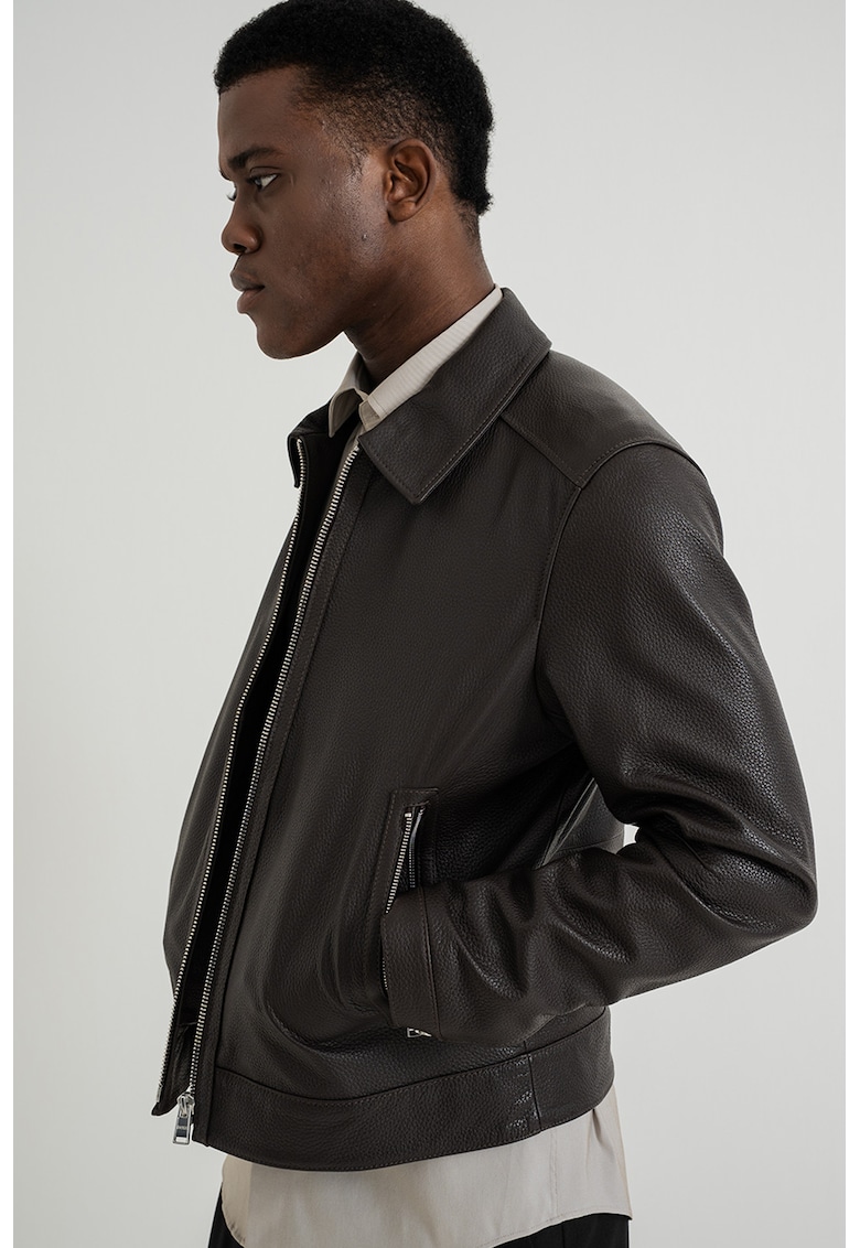 Jacheta de piele cu fermoar Mapson - Maro inchis