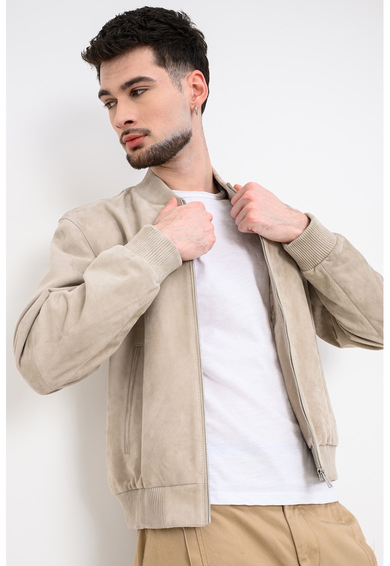 Jacheta bomber din piele intoarsa cu buzunar interior - Bej deschis