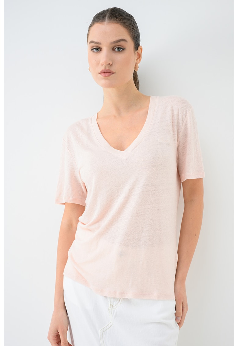 Tricou din in cu decolteu in V Ela - Bej deschis