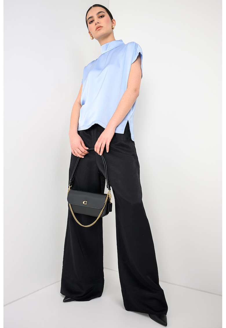 Bluza de satin cu maneci scurte Collared - Albastru azur