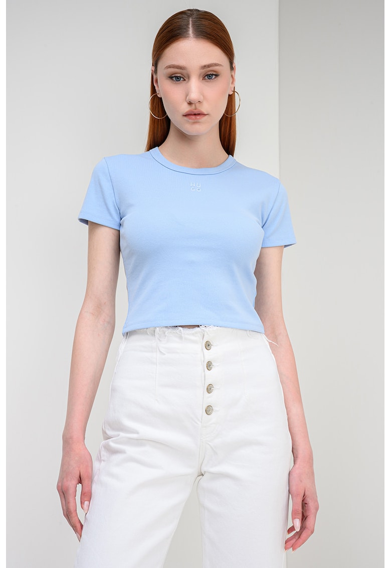 Tricou crop cu croiala slim-fit si logo brodat - Albastru glaciar