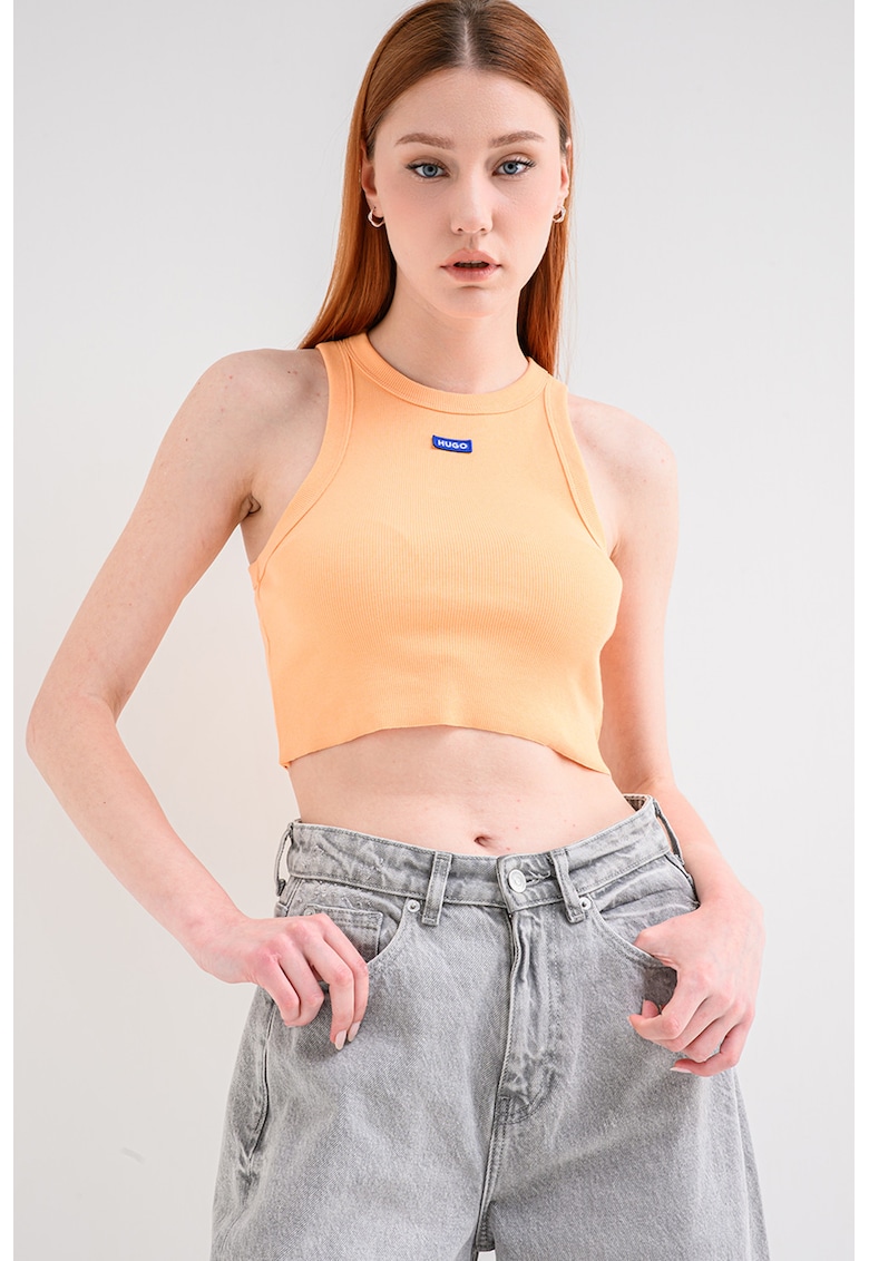 Top crop striat cu detaliu logo - Portocaliu pal