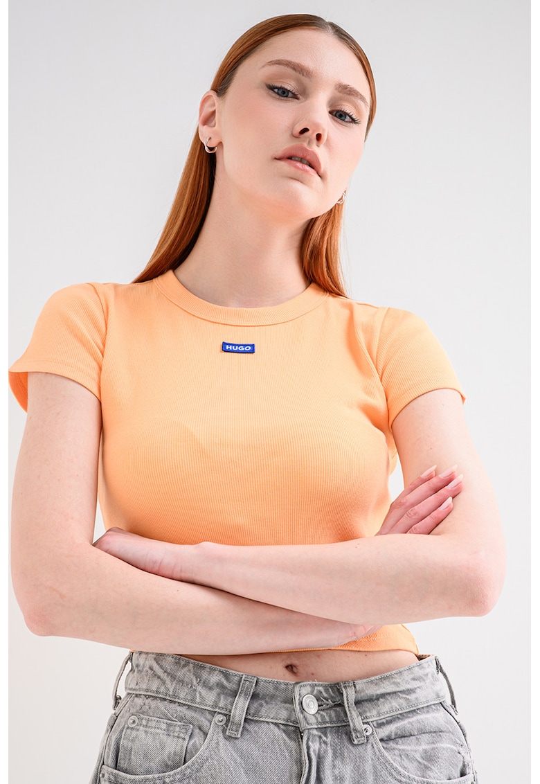 Tricou crop striat cu logo - Portocaliu