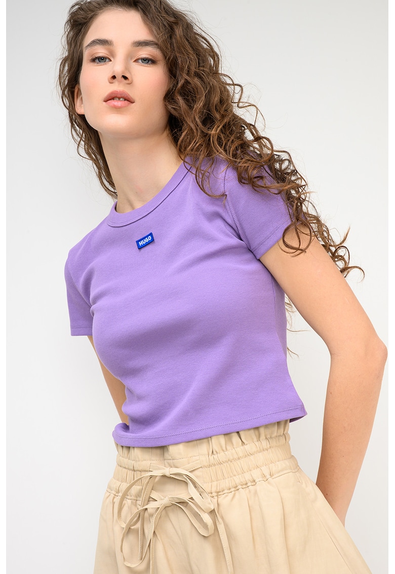 Tricou crop striat cu logo - Albastru/Liliac prafuit