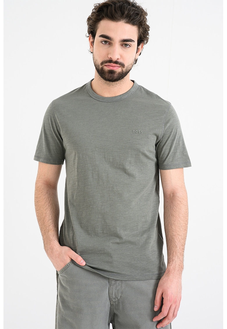 Tricou slim fit din bumbac Tegood - Verde melange inchis