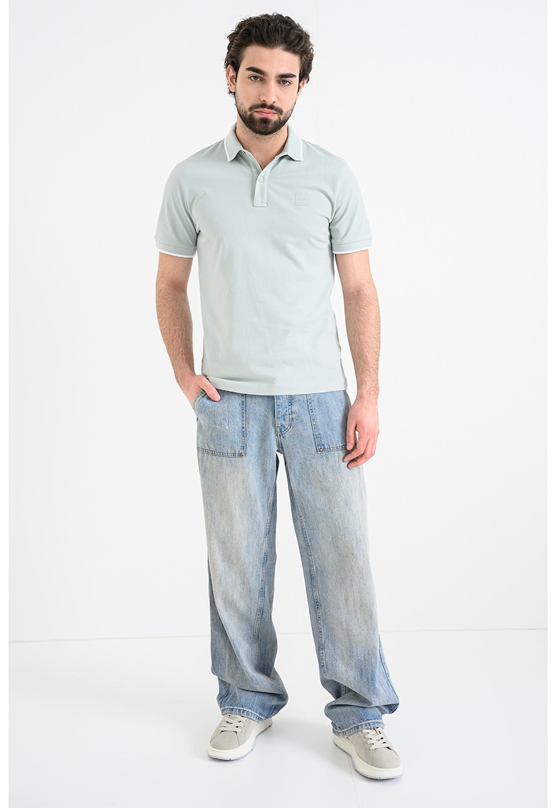 Tricou polo slim fit Passertip - Alb/Verde pal