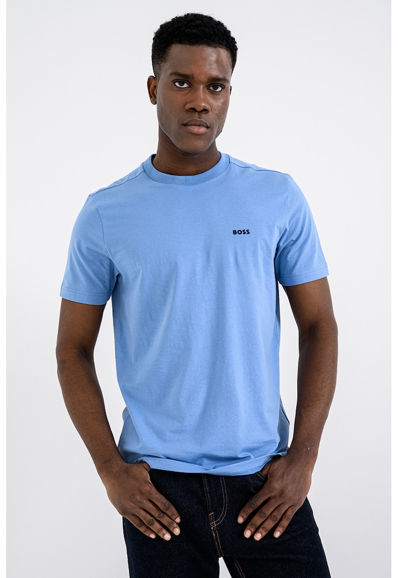 Tricou cu logo discret si decolteu la baza gatului - Albastru pastel/Albastru glaciar