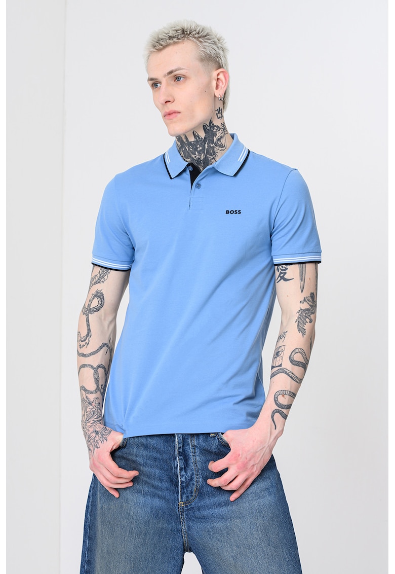 Tricou polo slim fit Paul - Alb/Negru/Albastru azur