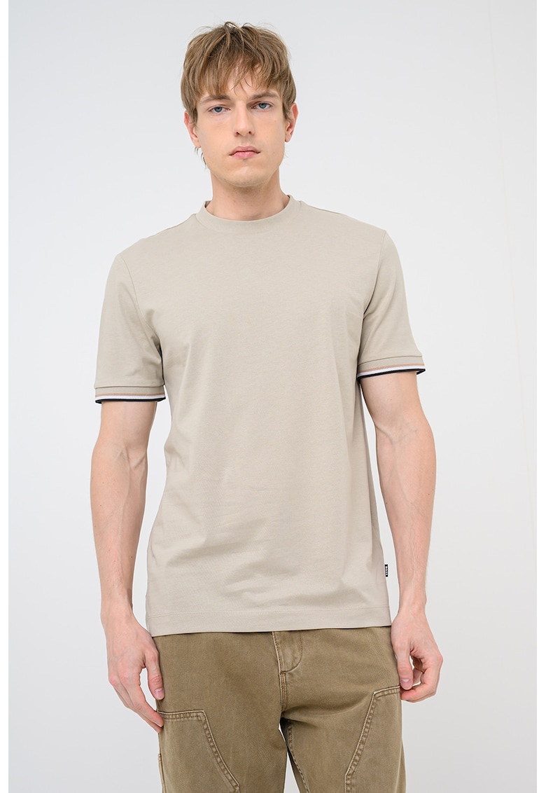 Tricou de bumbac cu mansete contrastante - Maro camel
