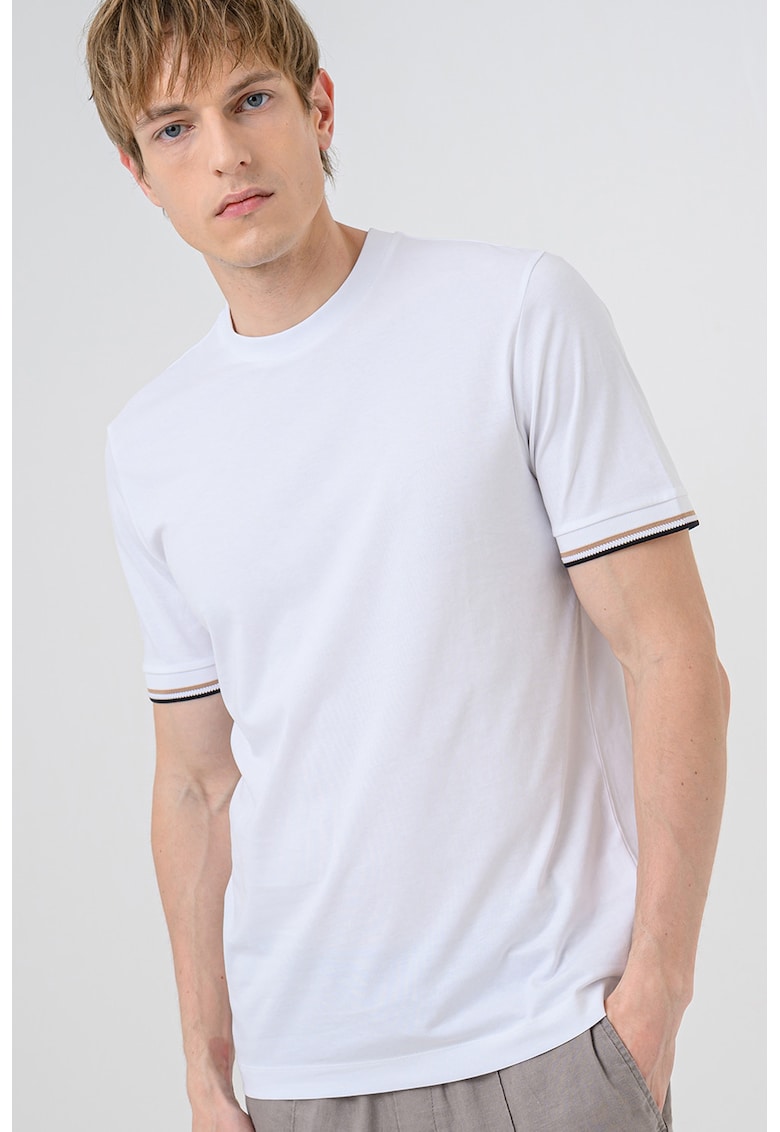 Tricou de bumbac cu mansete contrastante - Alb optic