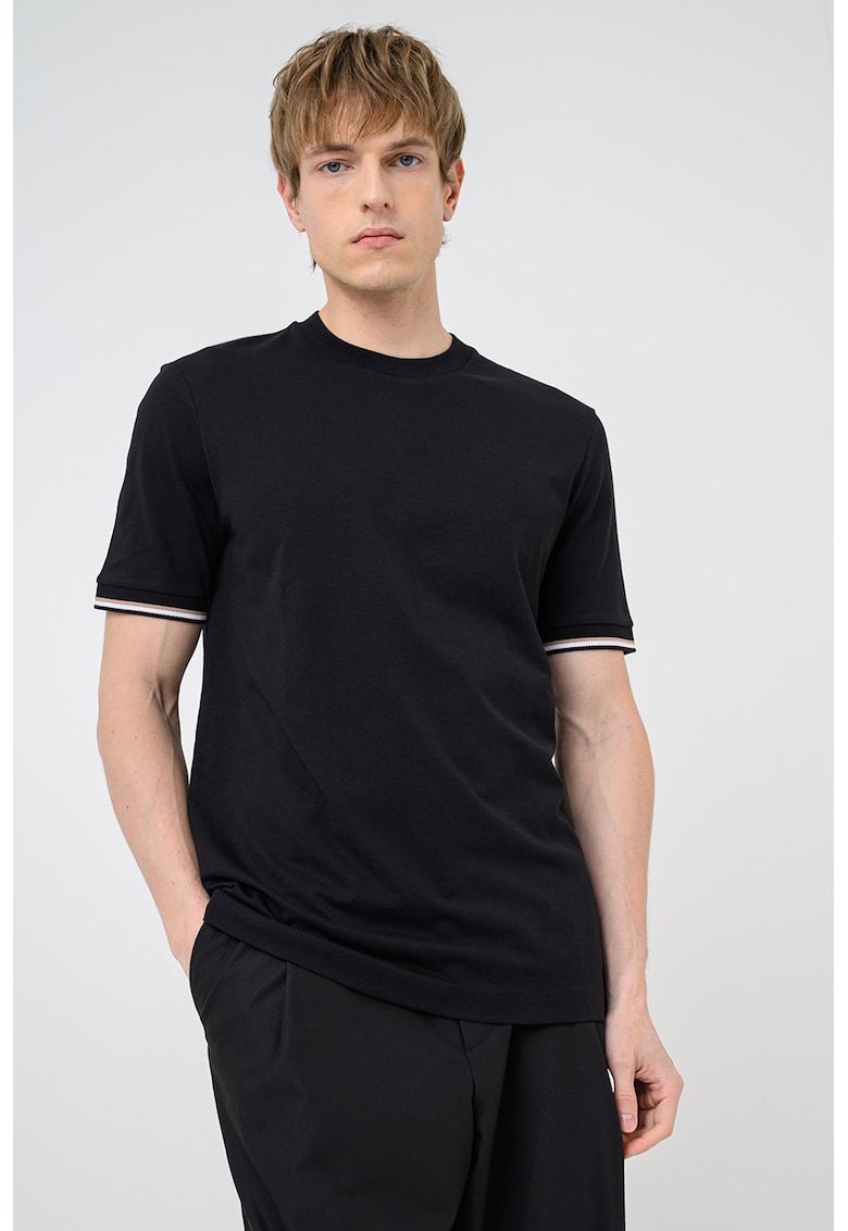 Tricou de bumbac cu mansete contrastante - Negru