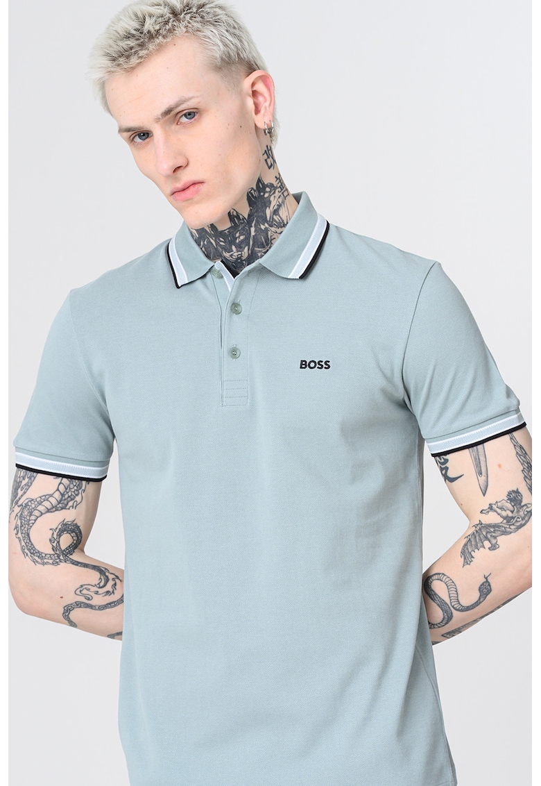 Tricou polo regular fit din bumbac pique cu margini contrastante Paddy - Verde sparanghel