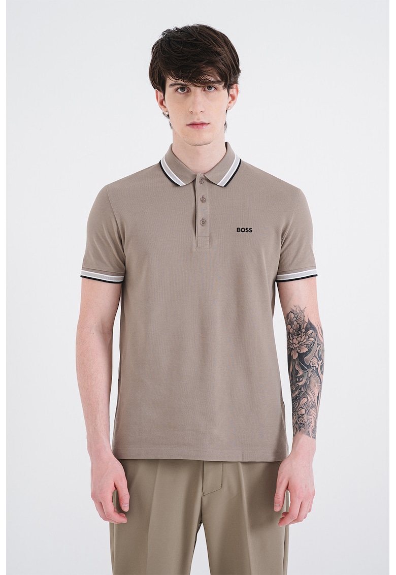 Tricou polo regular fit din bumbac pique cu margini contrastante Paddy - Maro taupe