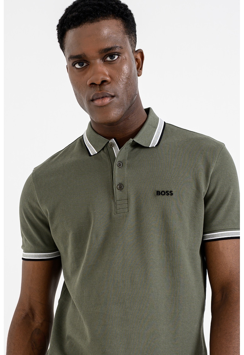 Tricou polo regular fit din bumbac pique cu margini contrastante Paddy - Kaki inchis