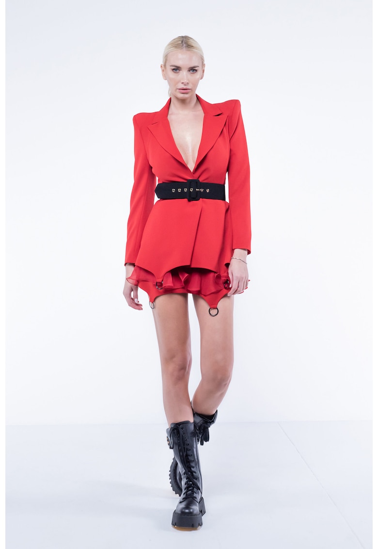 Fusta mini cu volane din matase si inele metalice Red