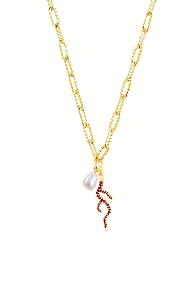 Colier placat cu aur de 18K cu zirconia si perla sintetica - Alb/Auriu/Rosu inchis