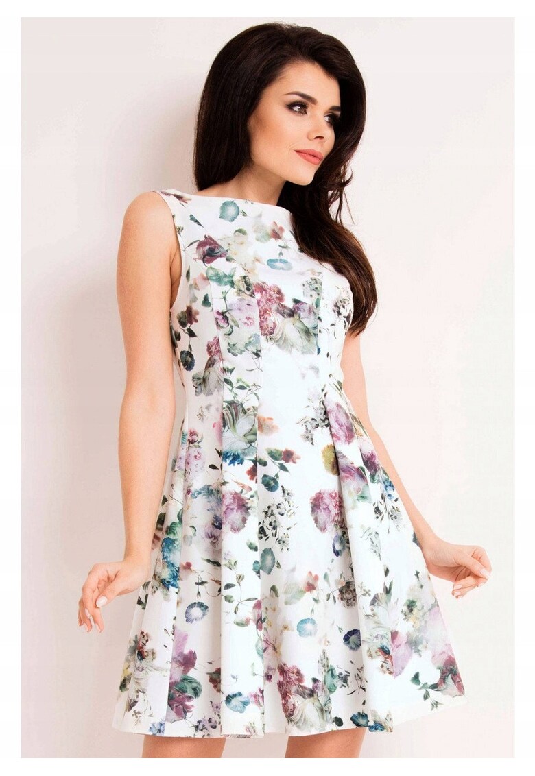 Rochie De Dama - Poliester - Model Floral - Croi Evazat - Lungime Mini - Maneci Fara Maneci - Bretele - Stil Care Evidentiaza Talia - Ideala Pentru Ocazii Speciale - Ecru - Ecru