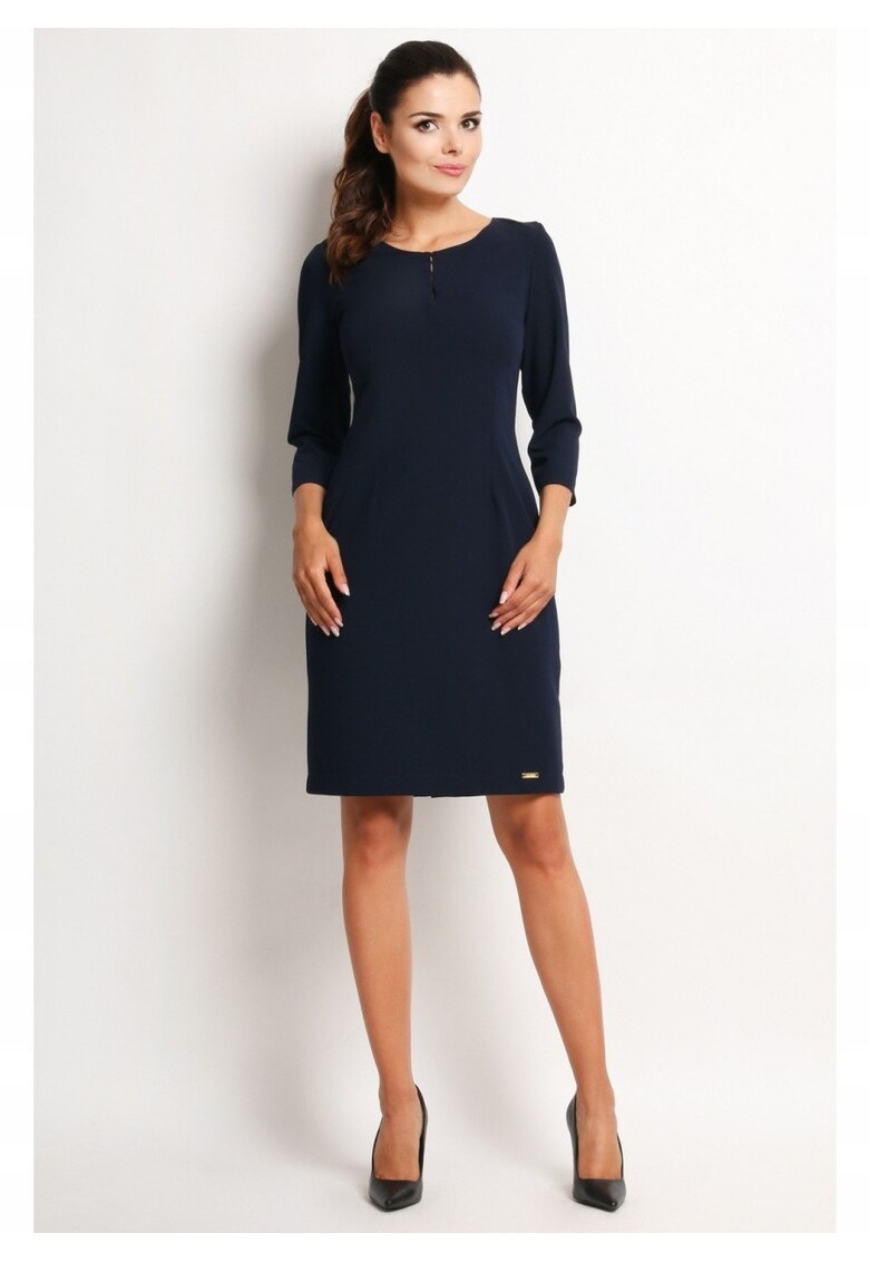 Rochie De Dama - M - Tip Midi - Eleganta - Business - Poliester - Inchidere Cu Fermoar Ascuns La Spate - Decolteu Cu Taietura In Forma De Lacrima - Maneca 3/4 - Albastru Inchis