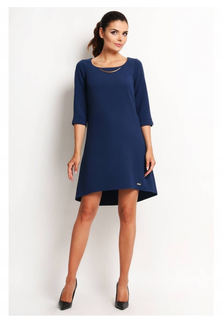 Rochie Trapez - Tip Midi - Asimetrica - Stil Casual - Elegant - Business - 58% Poliester - 37% Viscoza - 5% Elastan - Lungime Maneca 3/4 - Decolteu Rotund - Pentru Birou - Pentru Munca - Pentru Intalnire - Bleumarin - Albastru inchis