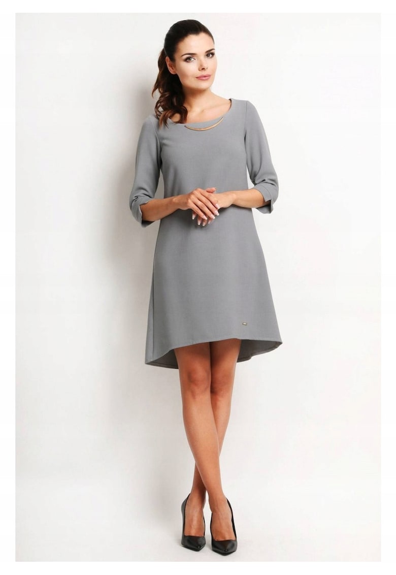 Rochie Trapez - Tip Midi - Asimetrica - Stil Casual - Elegant - Business - 58% Poliester - 37% Viscoza - 5% Elastan - Lungime Maneca 3/4 - Decolteu Rotund - Pentru Birou - Pentru Munca - Pentru Gri - Gri