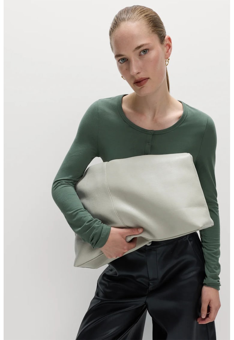 Bluza din amestec de bumbac cu fenta cu nasturi - Verde feriga