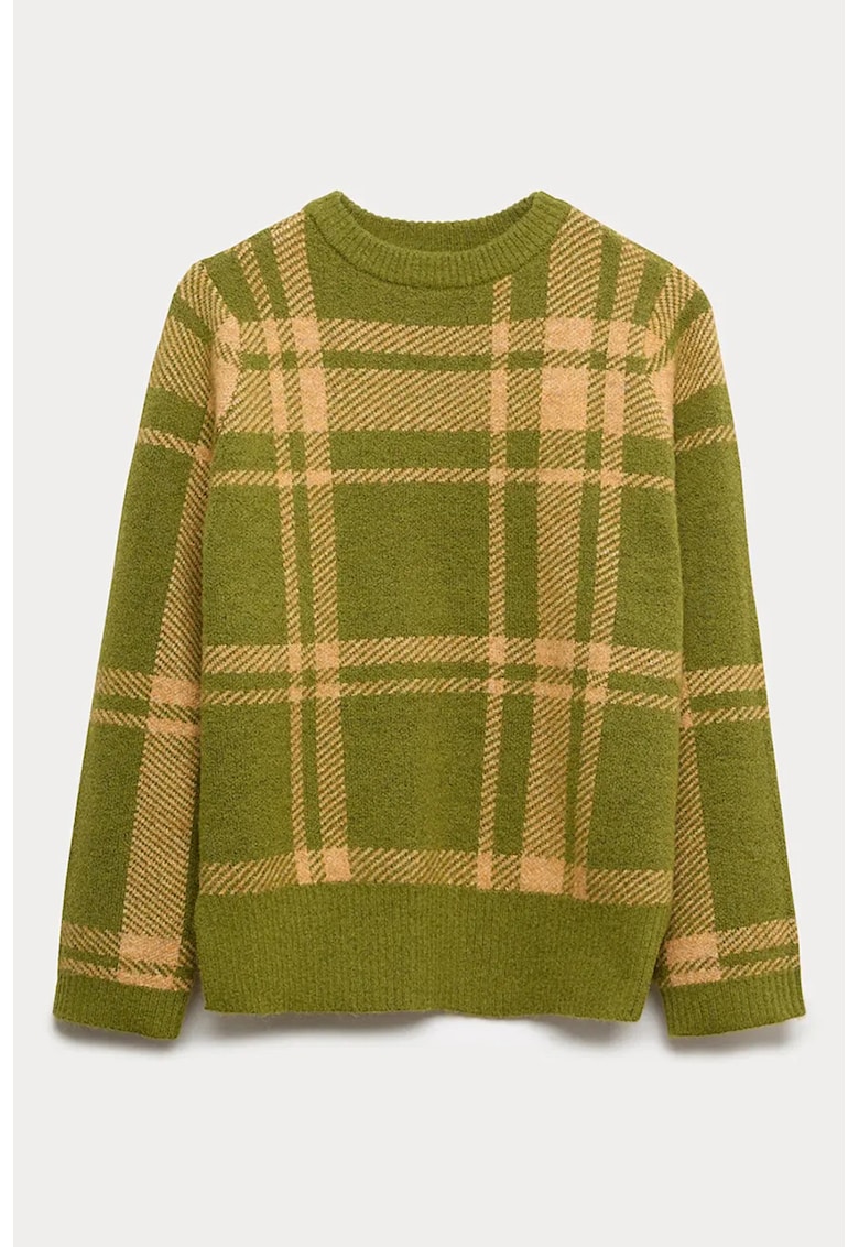 Pulover tricotat cu model in carouri - Portocaliu pal/Verde masliniu