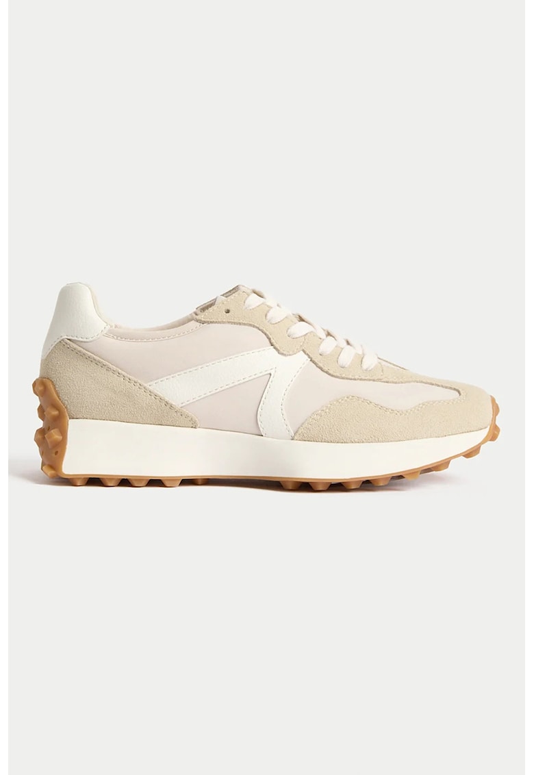 Pantofi sport cu insertii din piele intoarsa - Alb/Bej deschis