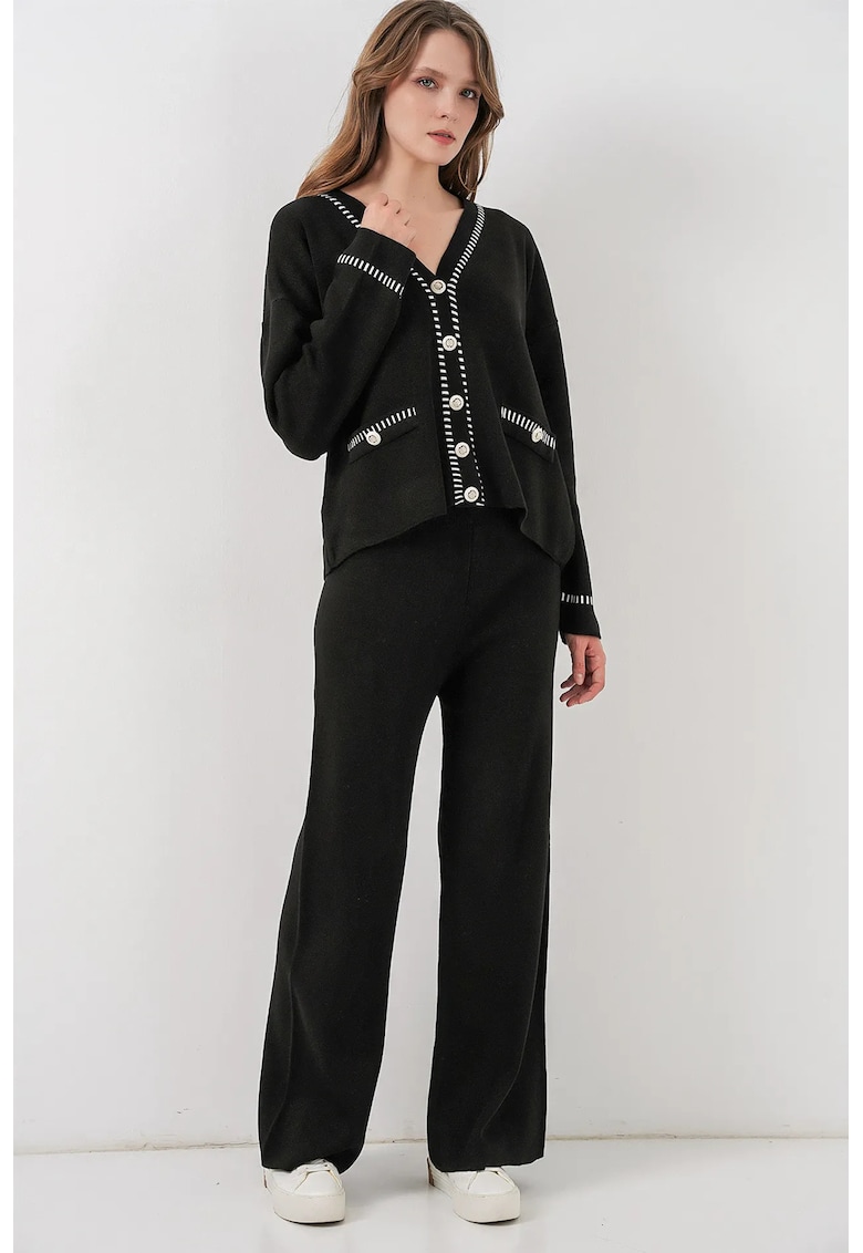Set tricotat cardigan cu decolteu in V si pantaloni cu croiala larga - Negru - Tricot -