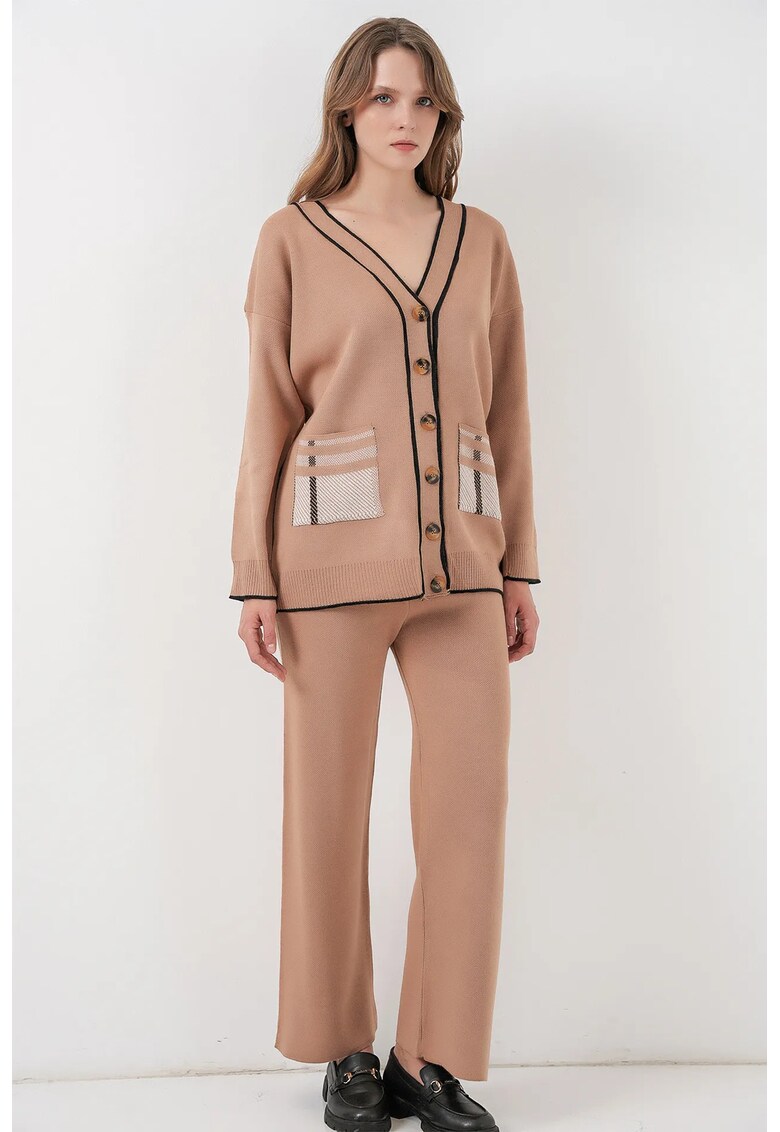 Set tricotat cardigan cu decolteu in V si pantaloni largi - maro - tricot - One Size
