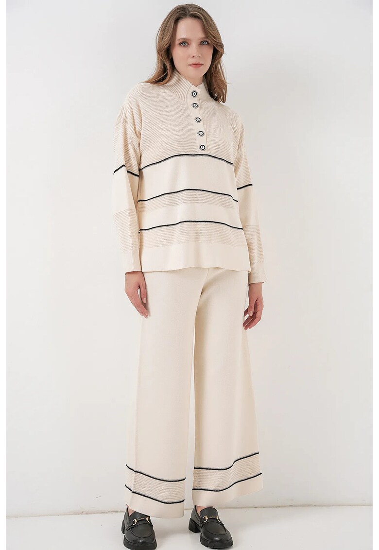 Costum dama - set tricotat pulover si pantaloni cu dungi - ecru -