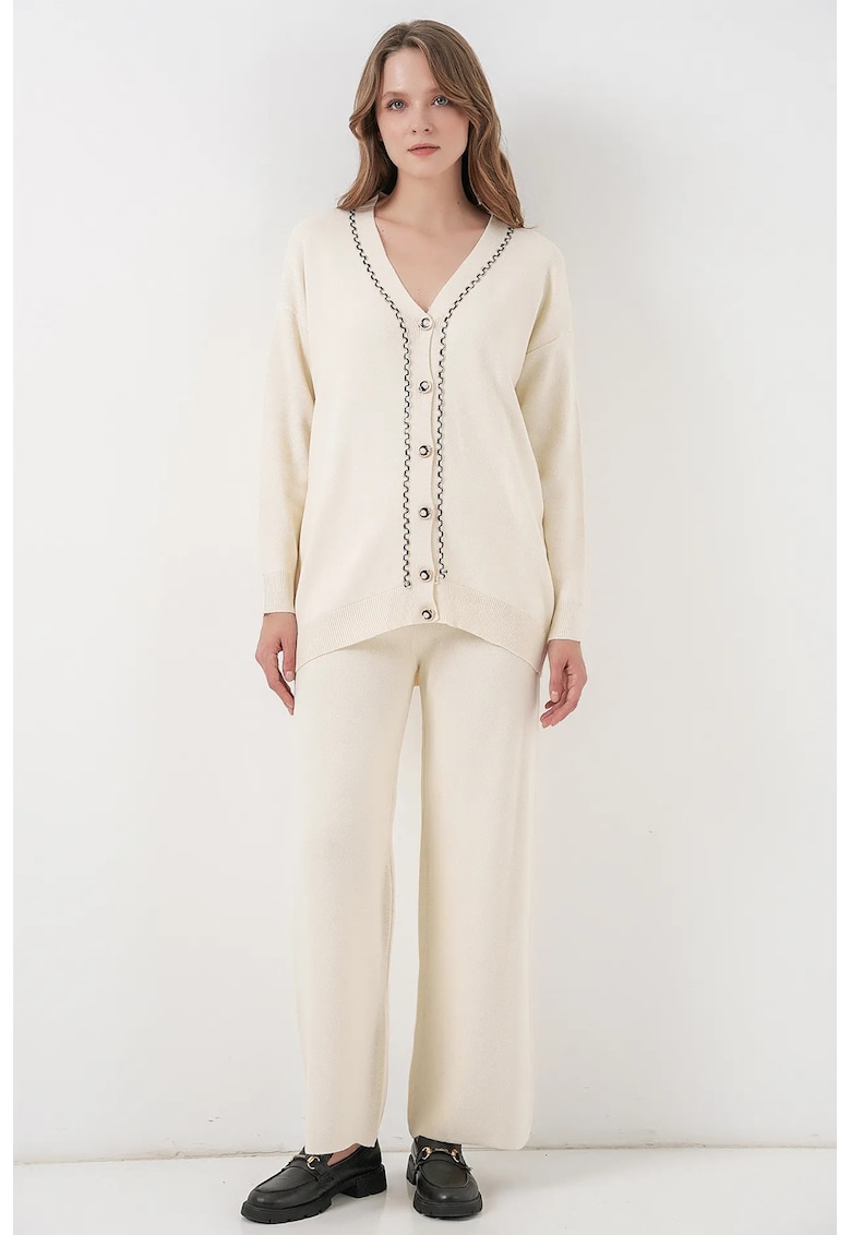 Set tricotat - cardigan cu decolteu in V - pantaloni cu picior larg - ecru -