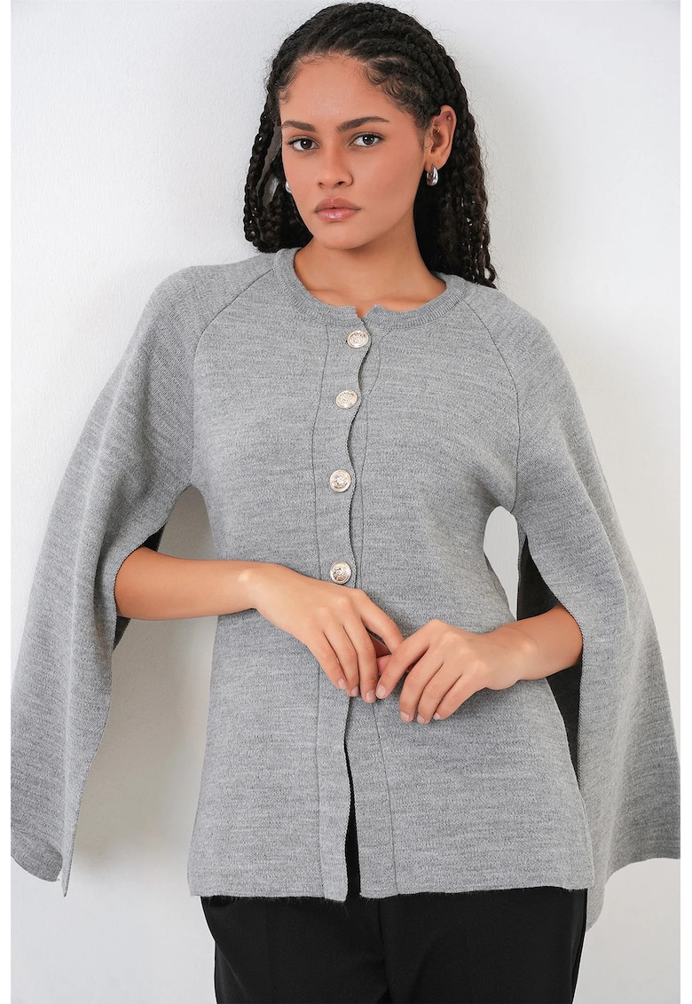 Cardigan tricotat gri - texturat - cu inchidere nasturi -