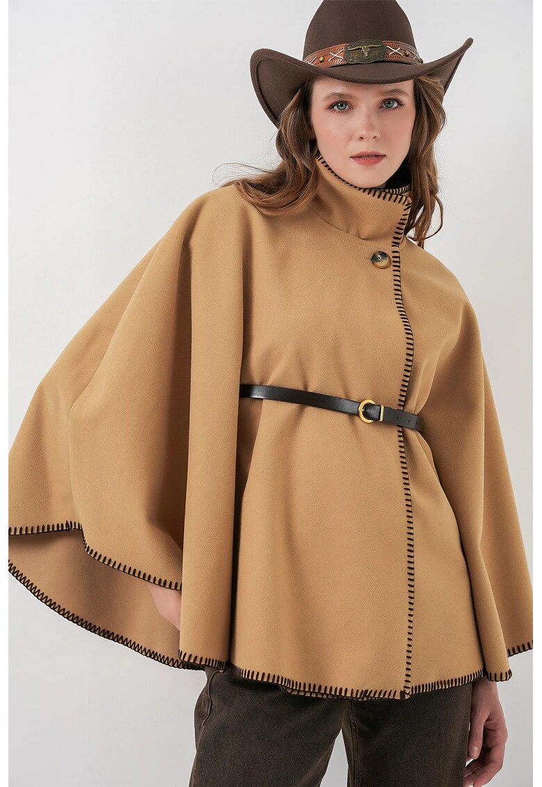 Poncho cu centura - detalii de cusaturi - galben chihlimbar - textil -