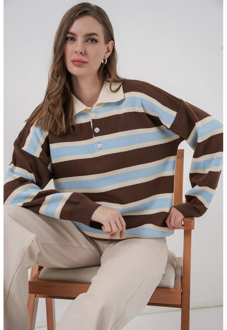 Pulover dama - polo cu dungi - albastru maya - tricot - One Size