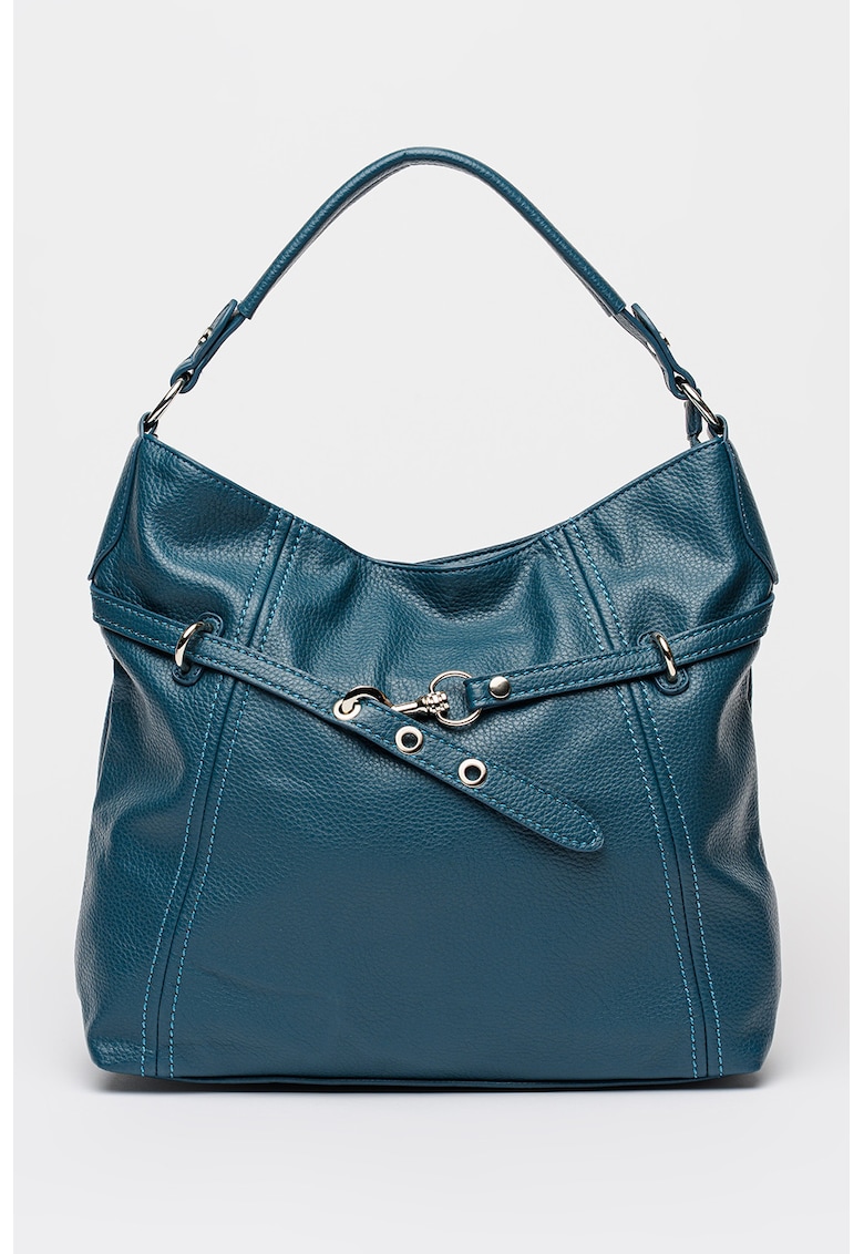 Geanta de piele ecologica cu bareta de umar si aspect texturat - Albastru petrol