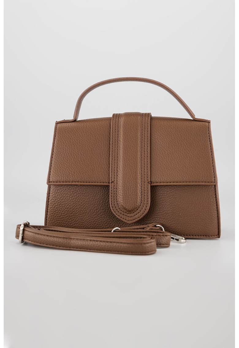 Geanta de piele ecologica cu maner si bareta detasabila - Maro inchis