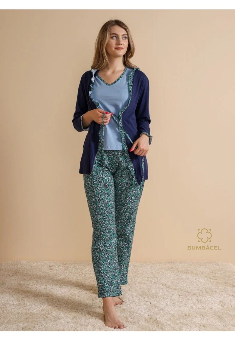Set pijama dama din 3 unitati cu imprimeu din bumbac