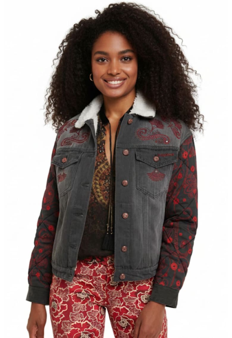 Jacheta din denim cu broderie si guler captusit Quilt Bill -