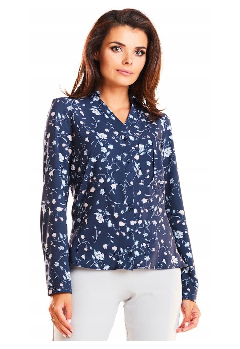 Camasa Dama - Model Flori - 98% Poliester - 2% Elastan - Stil Casual - Birou - Elegant - Business - Slim Fit - Decolteu Cu Guler - Albastru Cu Flori - Albastru inchis