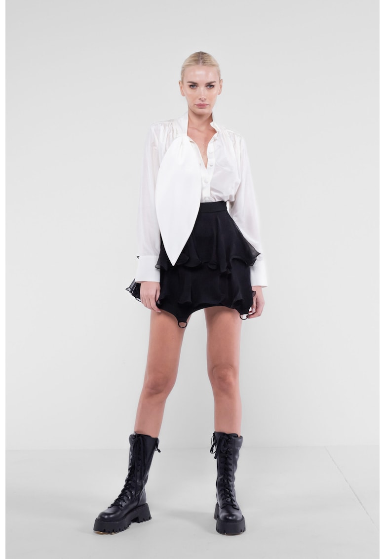 Fusta mini cu volane din matase si inele metalice Black