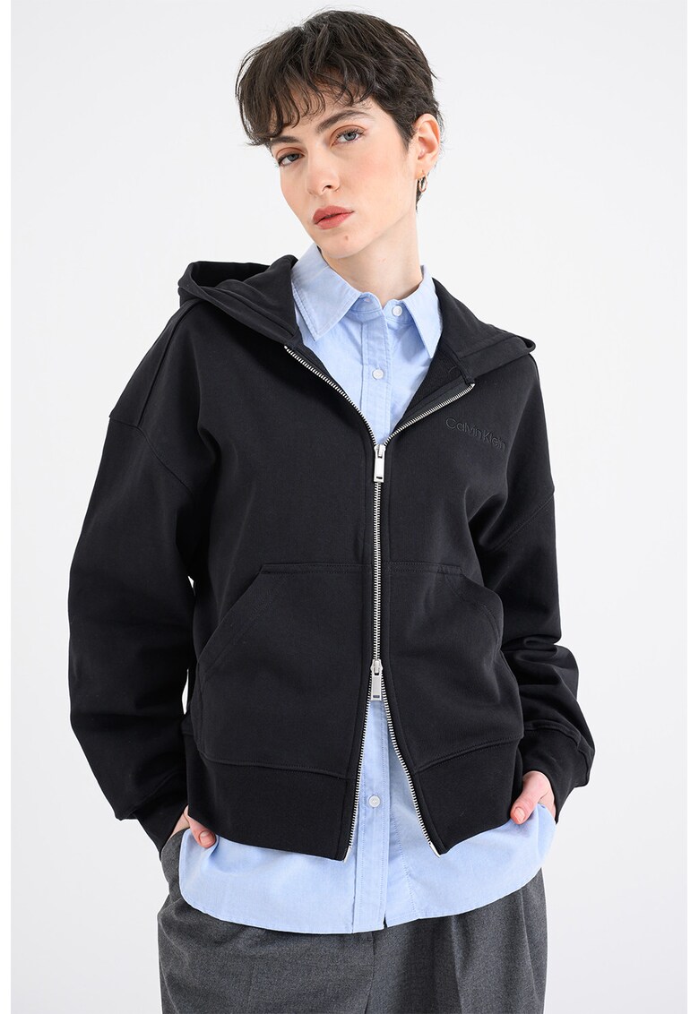 Hanorac lejer cu model uni si fermoar - Negru