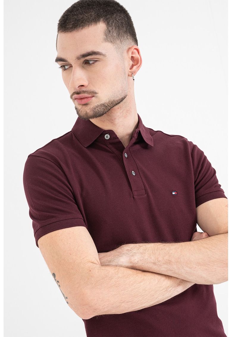 Tricou polo slim fit din amestec de bumbac organic - Visiniu