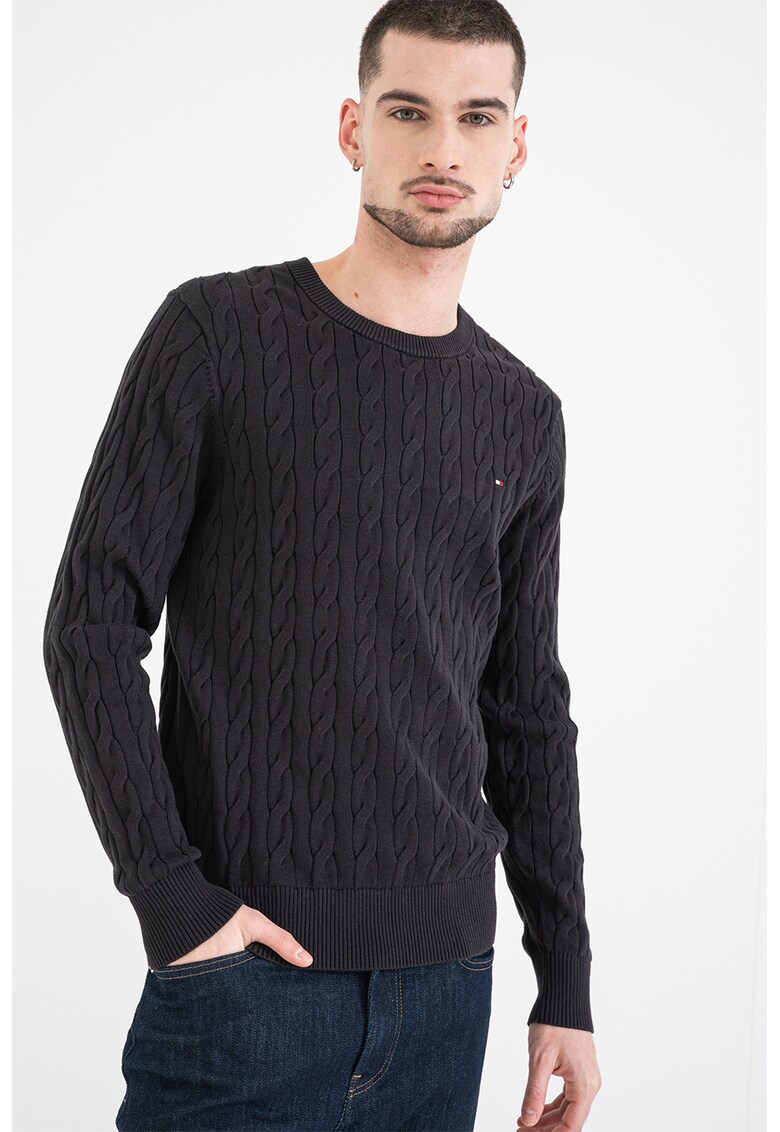 Pulover din bumbac organic cu model torsade - Negru