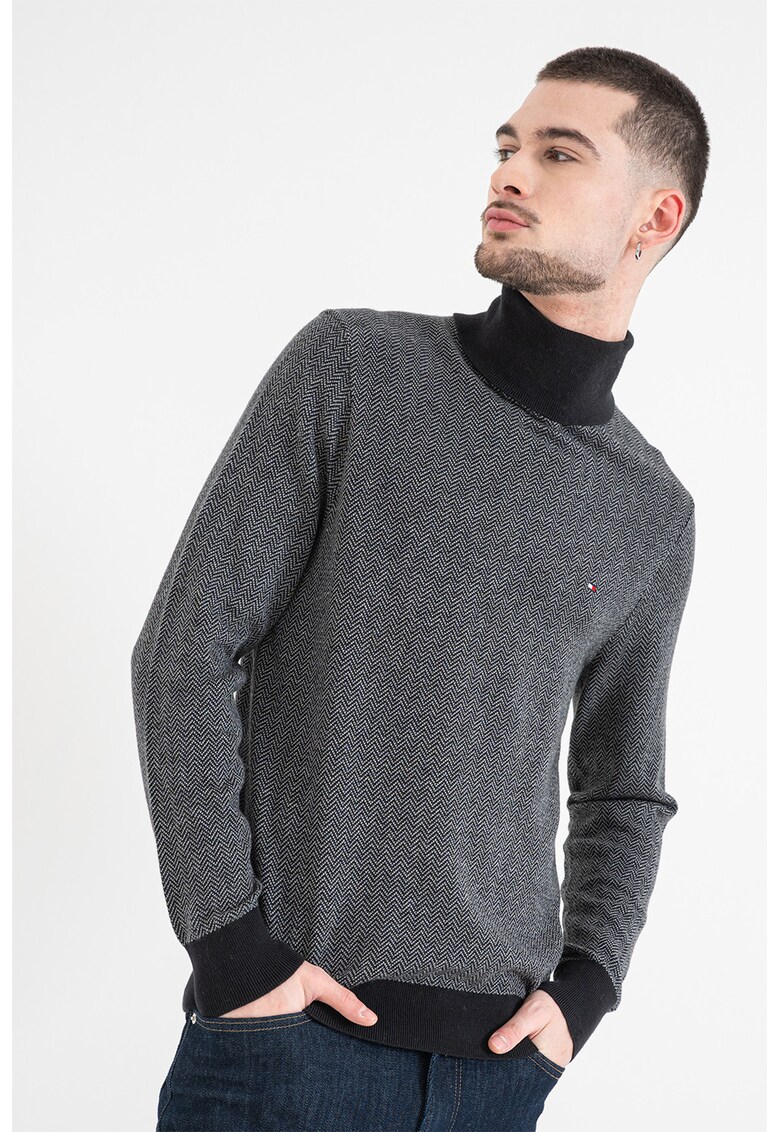 Pulover din amestec de casmir cu model herringbone - Negru/Gri inchis