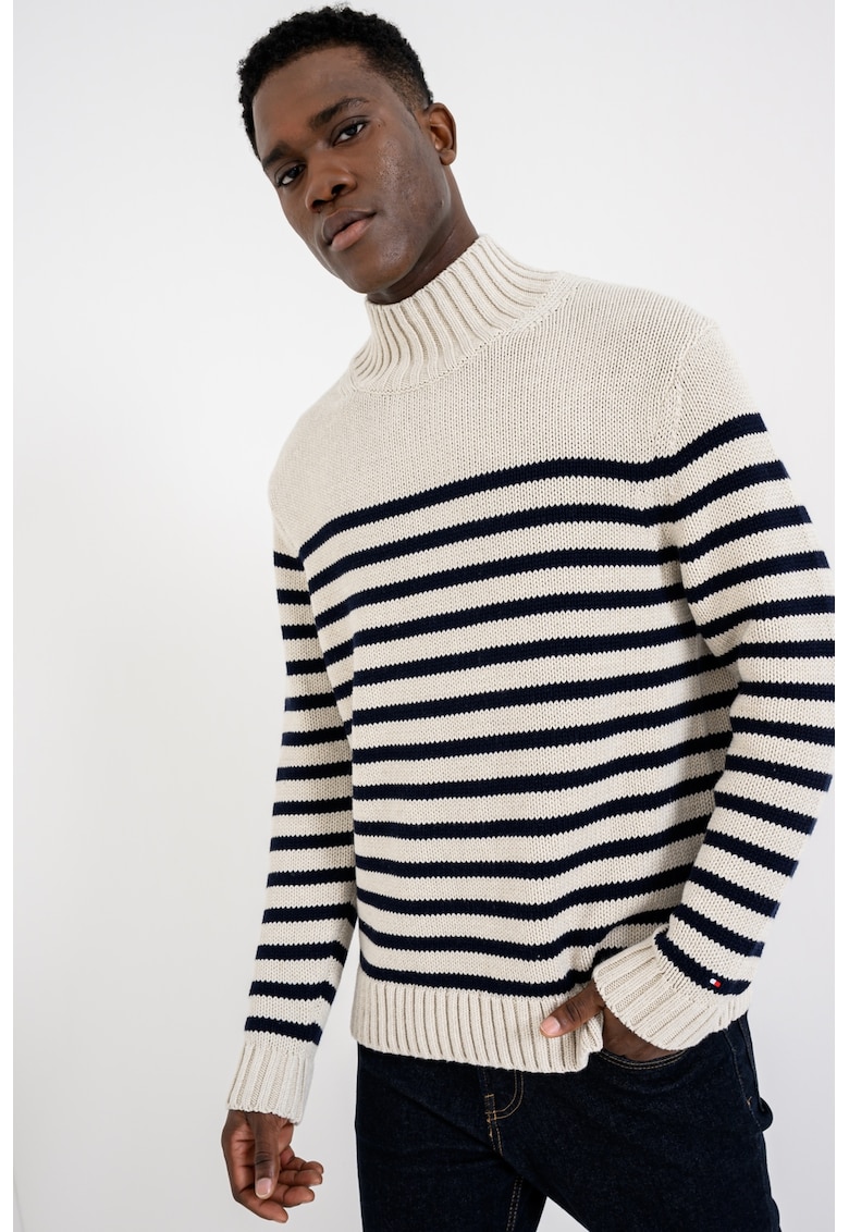 Pulover din bumbac cu dungi - Bej/Bleumarin
