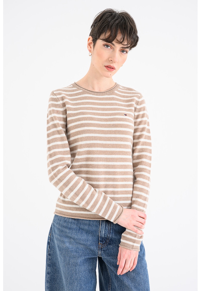 Pulover de lana cu decolteu la baza gatului - Alb/Maro taupe