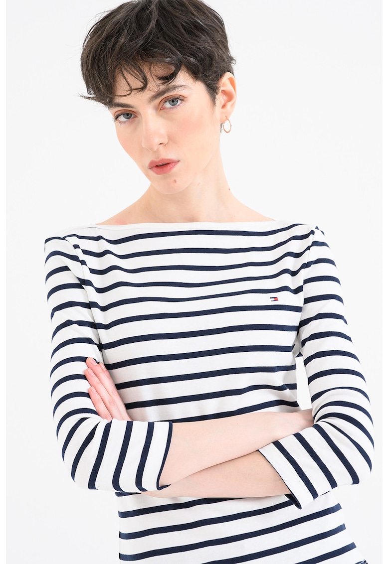 Bluza slim-fit de bumbac cu maneci trei sferturi - Alb optic/Bleumarin